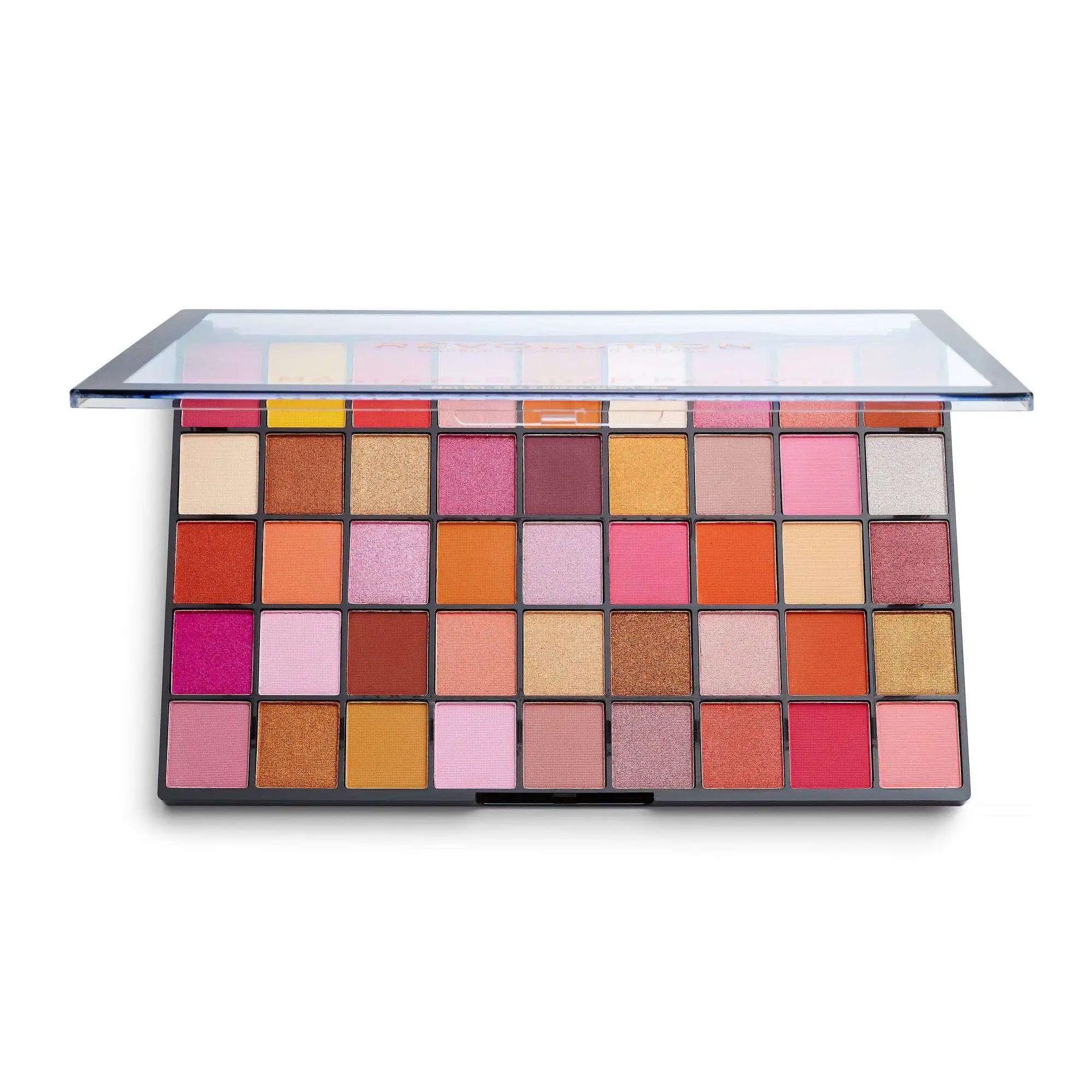 Revolution-BigBigLove-eyeshadow-palette پالت سایه ۴۵ رنگ ماکسی ریلودد رولوشن مدل بیگ لاو با رنگهای صورتی نارنجی و قهوهای